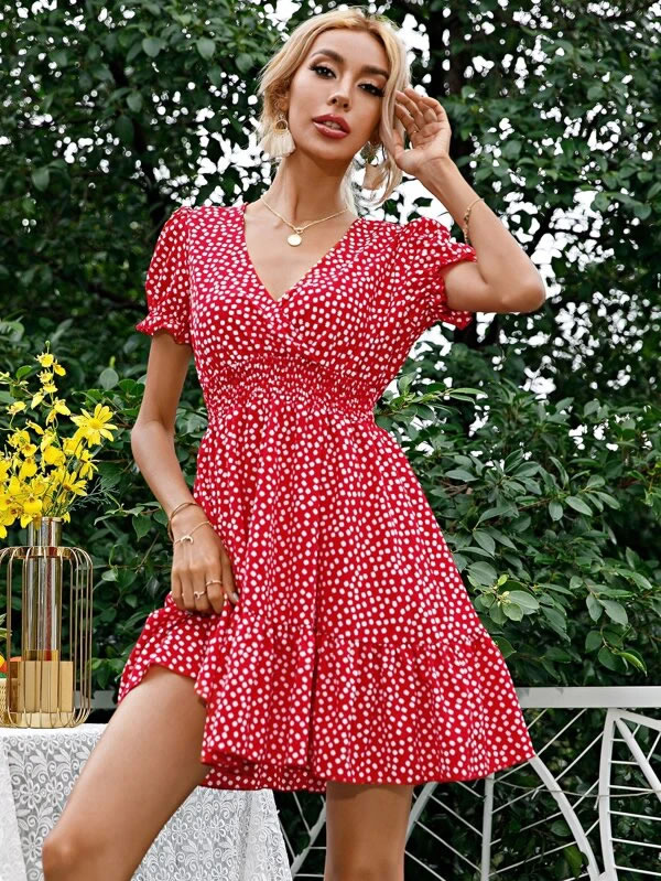 Ditsy Floral Shirred Waist A-line Dress