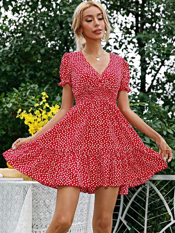 Ditsy Floral Shirred Waist A-line Dress