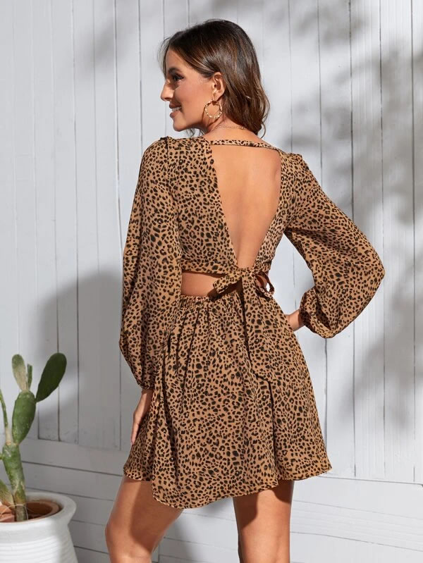REDFIREFASHION Leopard Print Cut Out Lantern Sleeve Tie Back Dress