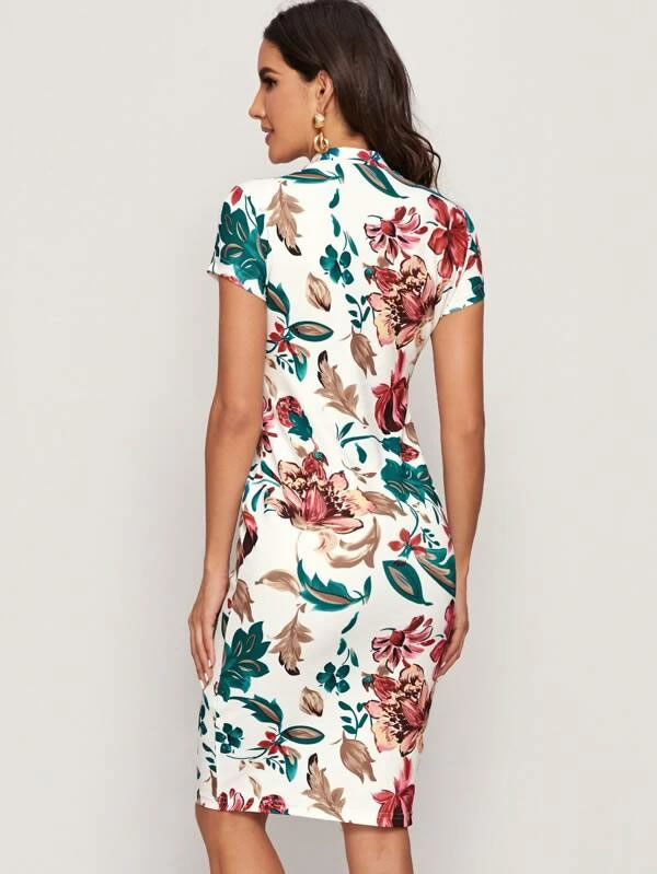 REDFIREFASHION Floral Print Mock Neck Bodycon Dress