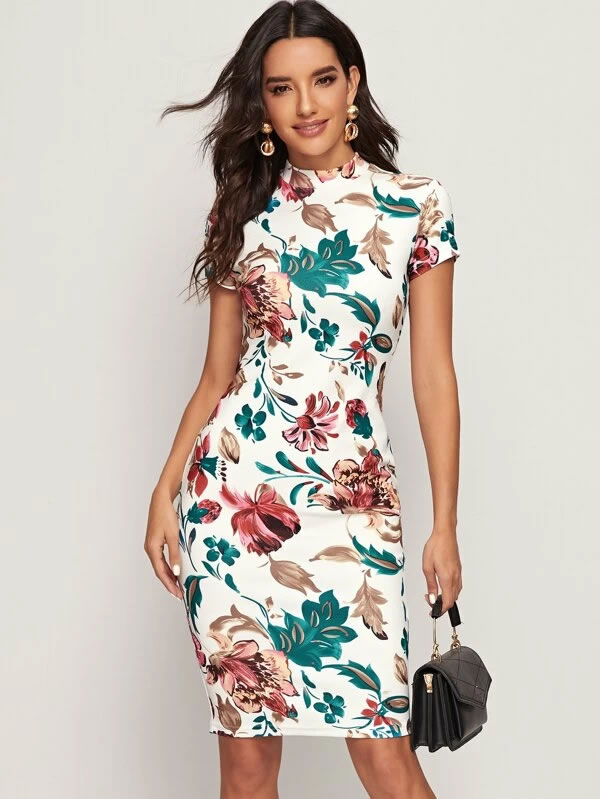 REDFIREFASHION Floral Print Mock Neck Bodycon Dress