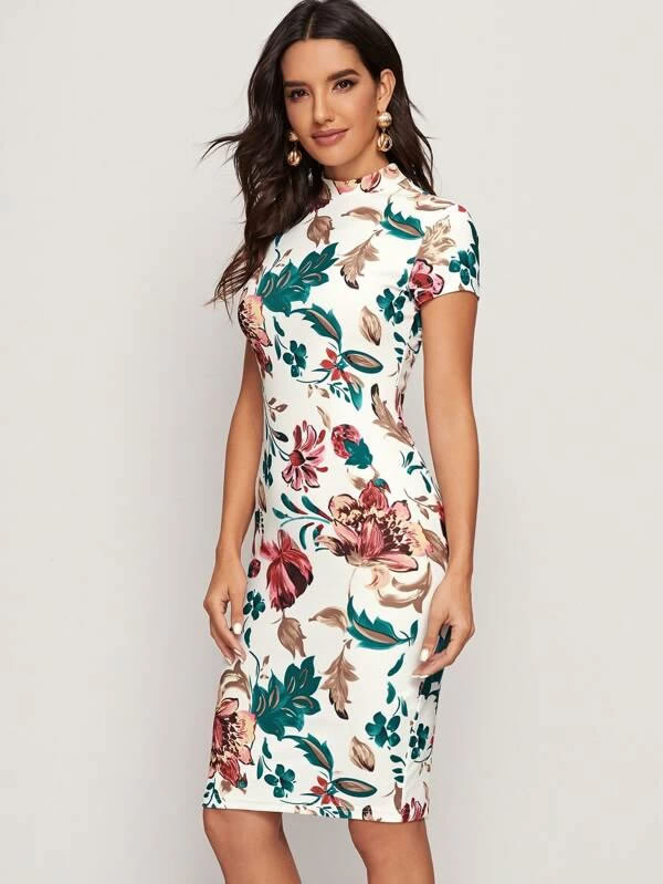 REDFIREFASHION Floral Print Mock Neck Bodycon Dress