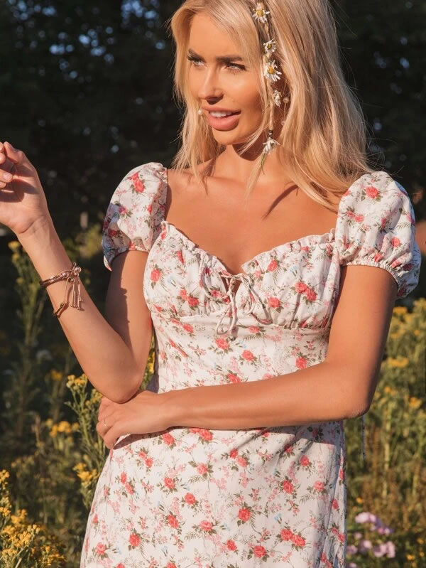 Sweetheart Neck Ruched Bust Puff Sleeve Floral Dress