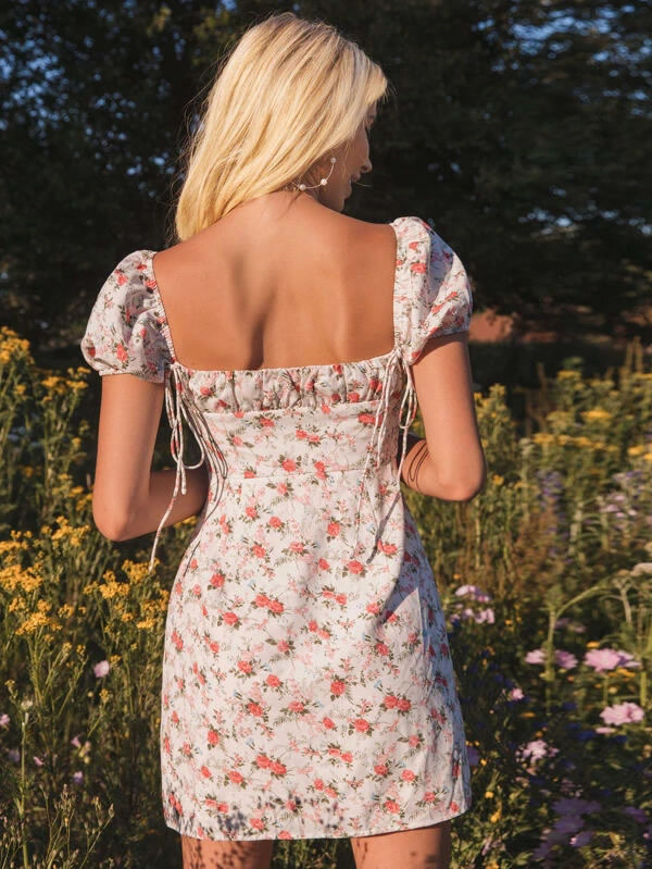 Sweetheart Neck Ruched Bust Puff Sleeve Floral Dress