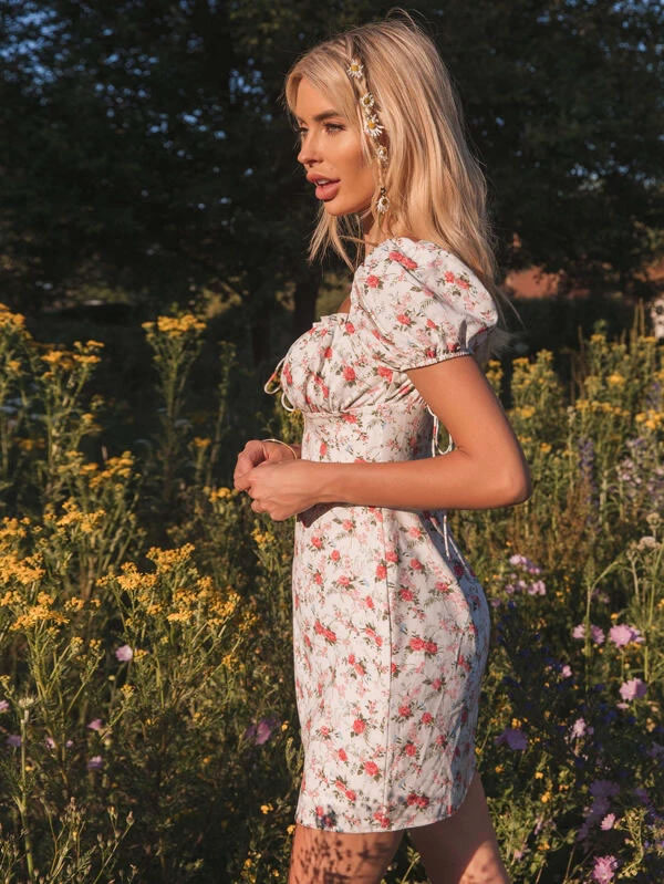 Sweetheart Neck Ruched Bust Puff Sleeve Floral Dress