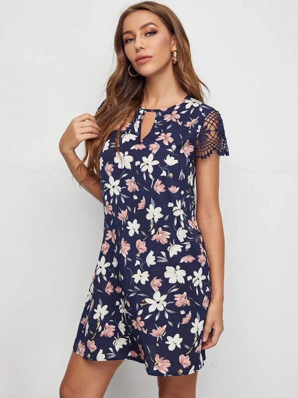 Keyhole Neck Floral Dress