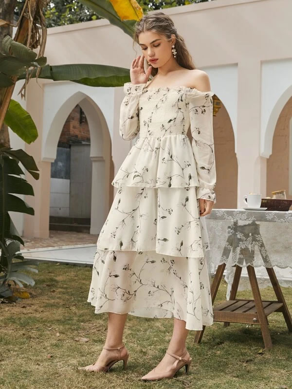 Floral Print Tiered Hem A-line Dress