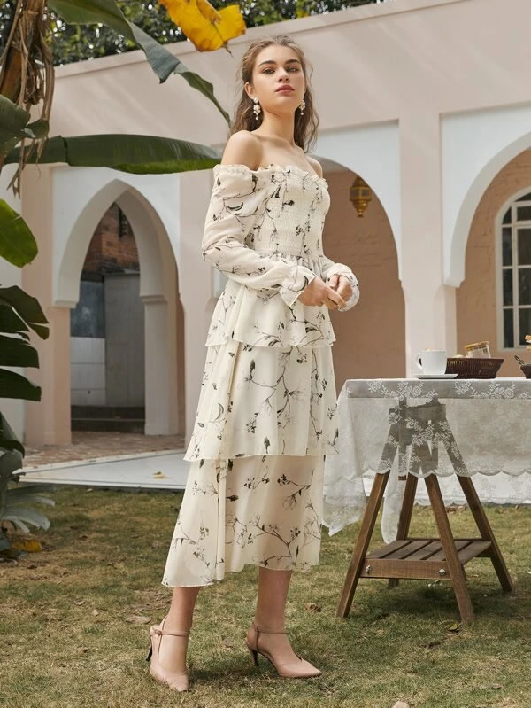 Floral Print Tiered Hem A-line Dress