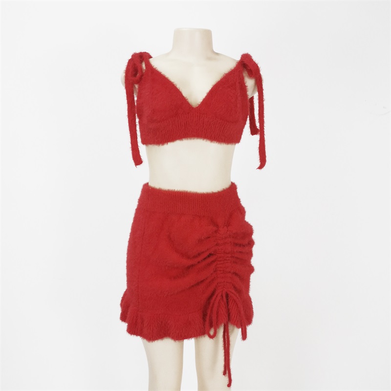 Red knitted two piece sets clothes