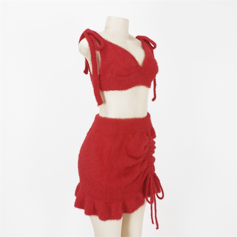 Red knitted two piece sets clothes