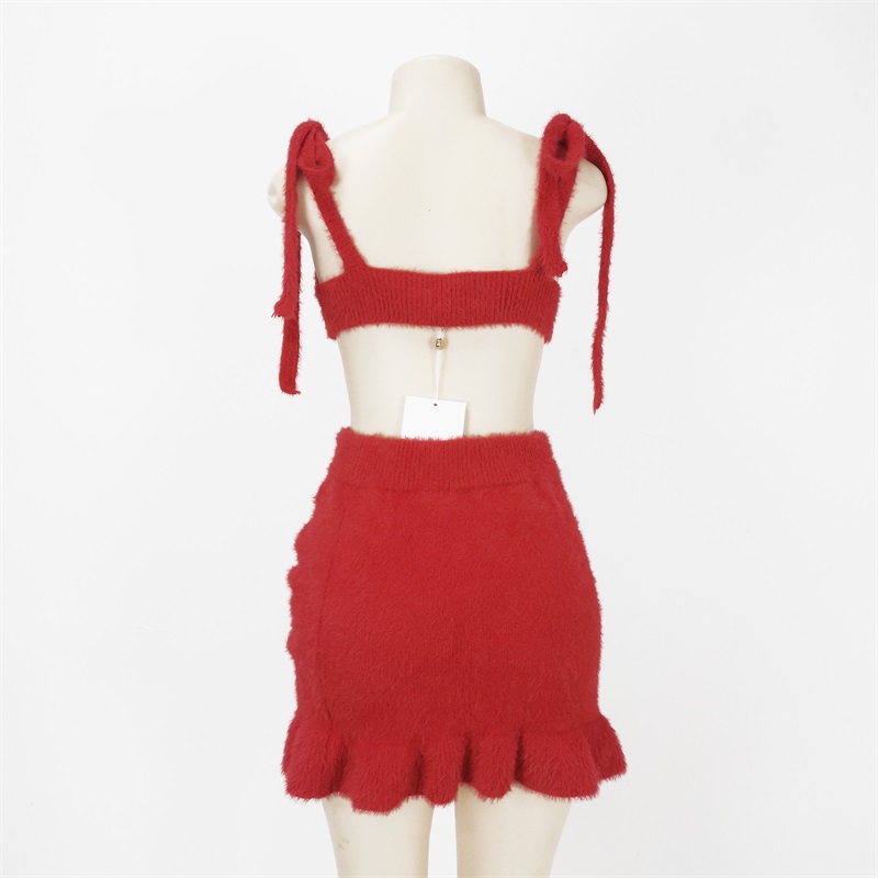 Red knitted two piece sets clothes