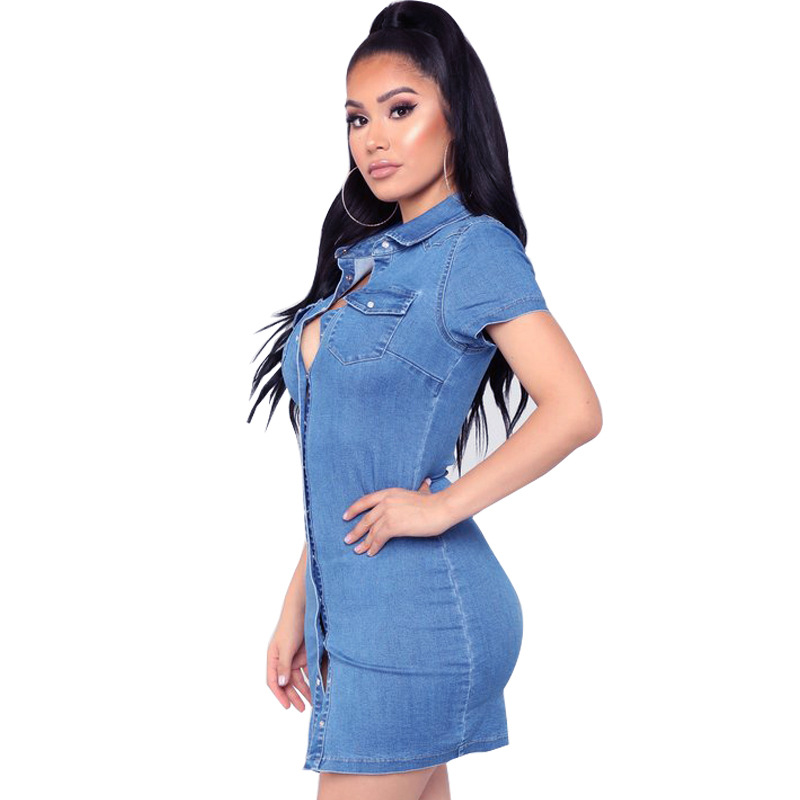 Summer Casual Women Turn Down Collar Two Pocket Short Button up Sleeve Slim Fit Cotton Mini Short Denim Dress