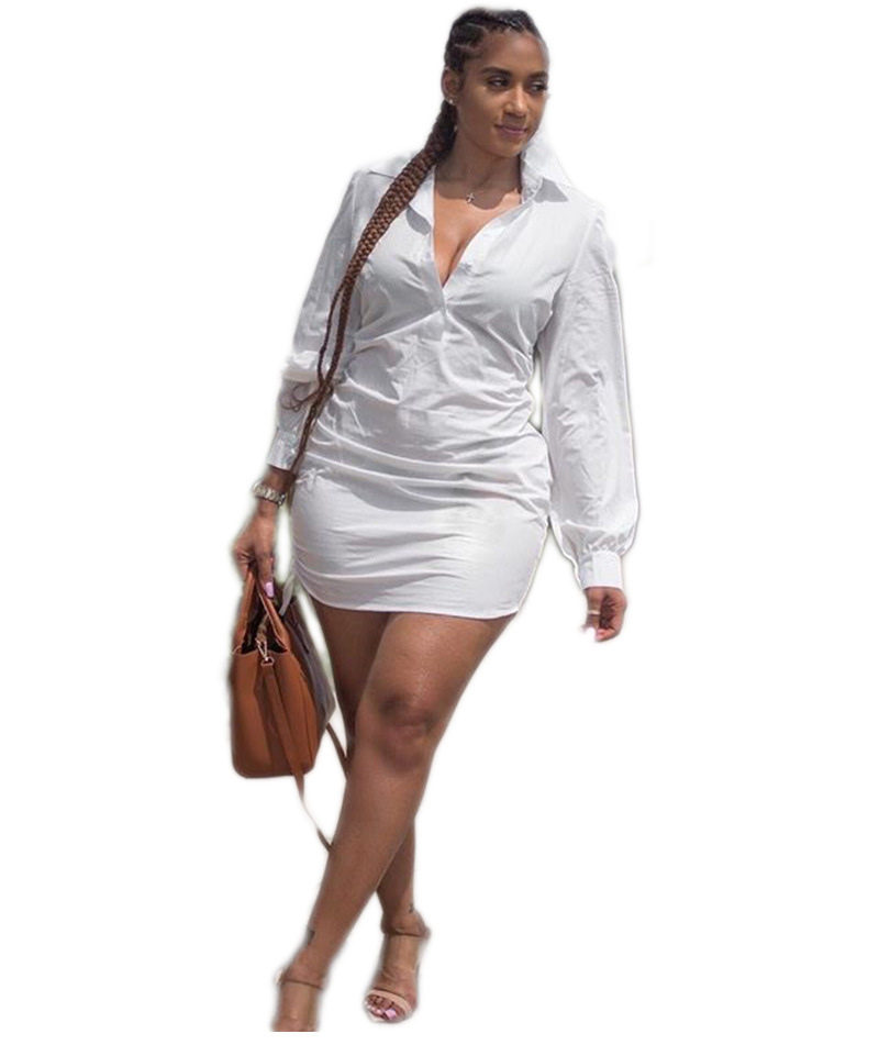 Ruched Side Fitted Shirt Dress Women Blouse Mini Dress Women